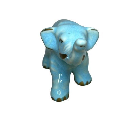 Vintage Ceramic Blue Glazed Elephant Figurine Trunk Up Gold Details - Picture 2 of 6